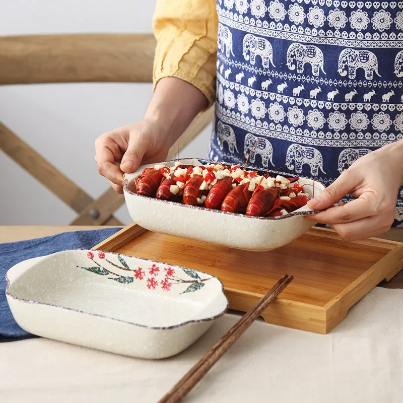 LingAo-Japanese Creative Rectangular Ceramic Baking Bowl, 2-Ear Pasta Baking Pan, Suitable for Oven, Microwave Oven