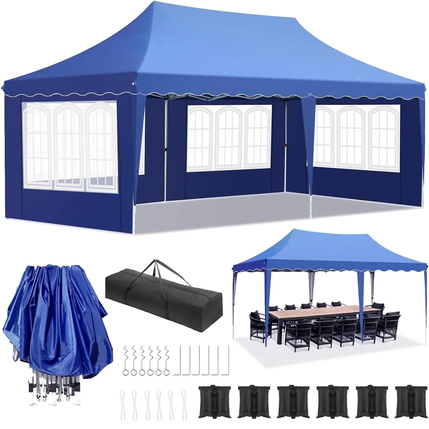 Pavilion Popup Gazebo 3x6m Waterproof Folding Gazebo Garden Tent Party Tent with 4 Side Panels 6 Sandbag UV50+ Height Adjustable