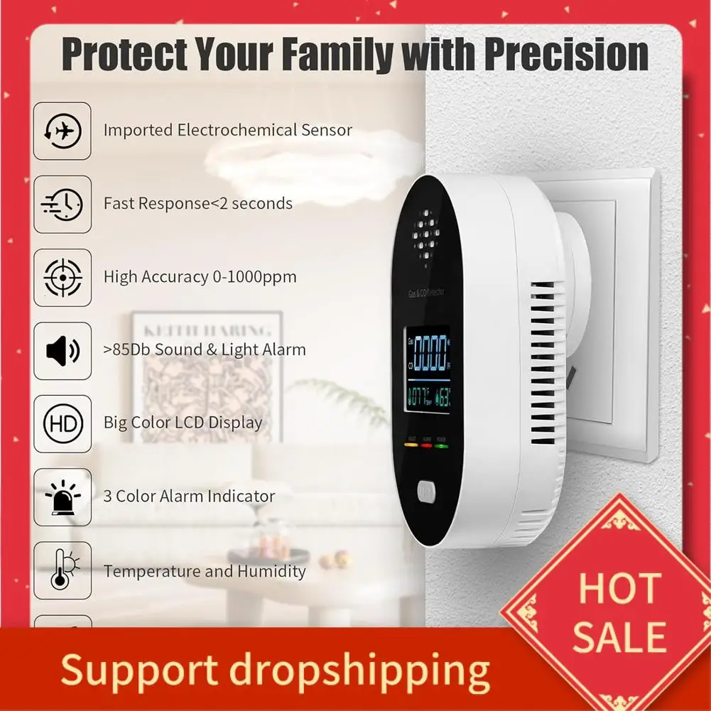 

B44C Детектор утечки газа и угарного газа, подключаемая сигнализация природного газа со светодиодным индикатором, детектор CO2, вилка стандарта США