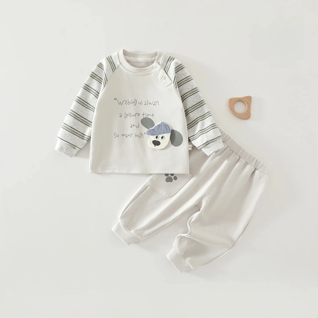 Baby Spring and Autumn Set Class a Pure Cotton Raglan Striped Dog Pattern Boys' Two-Piece Homewear Set