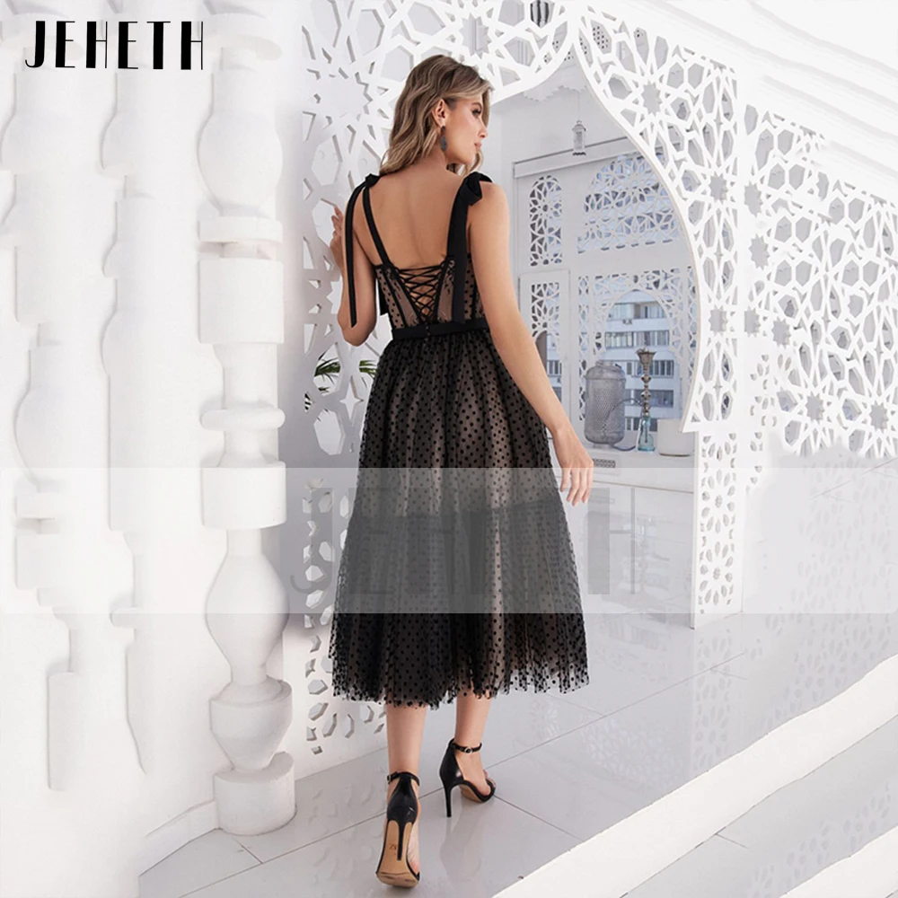 JEHETH Black Polka Dots Prom Dress For Women Tulle Open Back Bow Straps Lace Sweetheart A Line Evening Party Dresses Tea Length