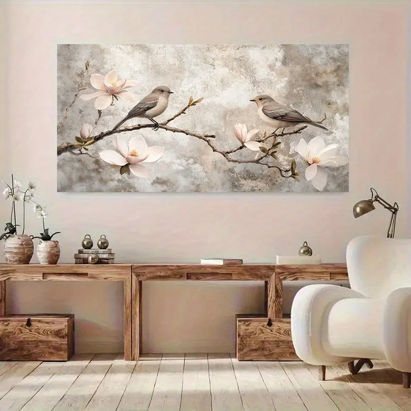 2DFlat,Frameless Modern Abstract Retro Sparrow Canvas,Soft Gray and White Tones with Pink Wisteria Flower and Bird,Bedroom Decor
