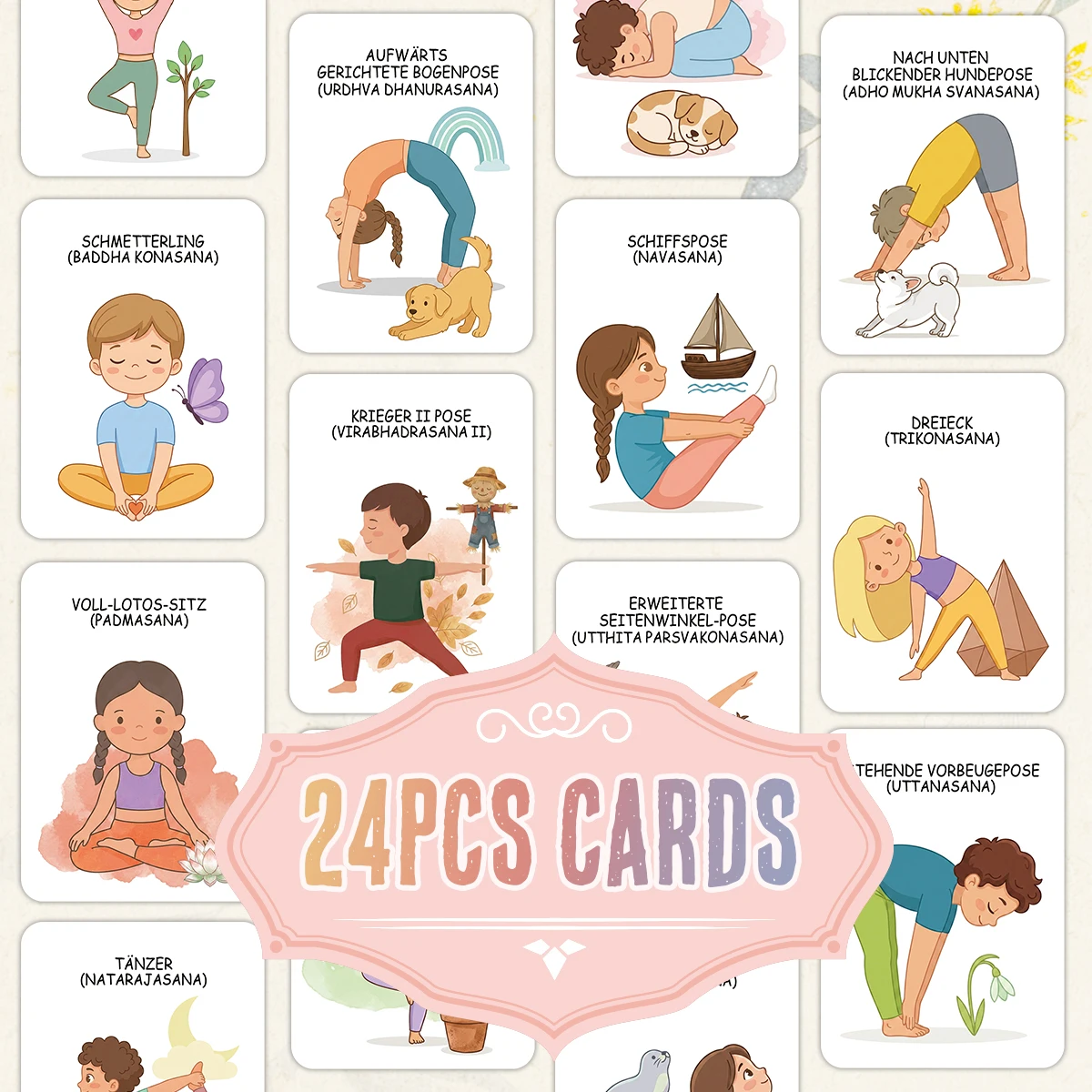 24pcs German/English Yoga Pose Cards,Playful Yoga Learning Deck,Fun Exercise Cards For Home,Class,Yoga Studio,Gift For Beginners