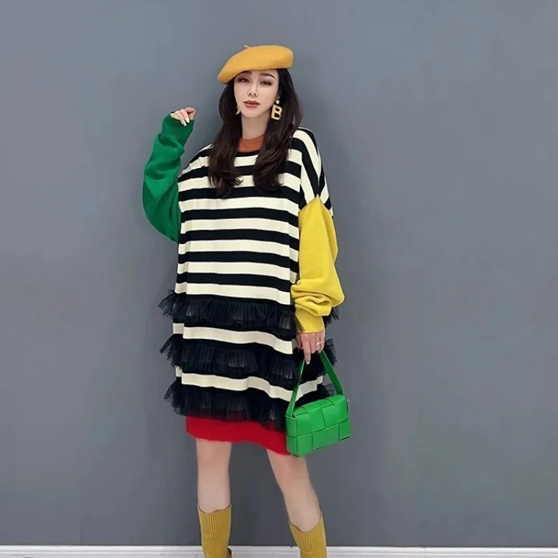 

2024 Spring Autumn New Women Personalized Stripe Contrast Color Mesh Dress Midlength Sweater Dress Fashion LX453S