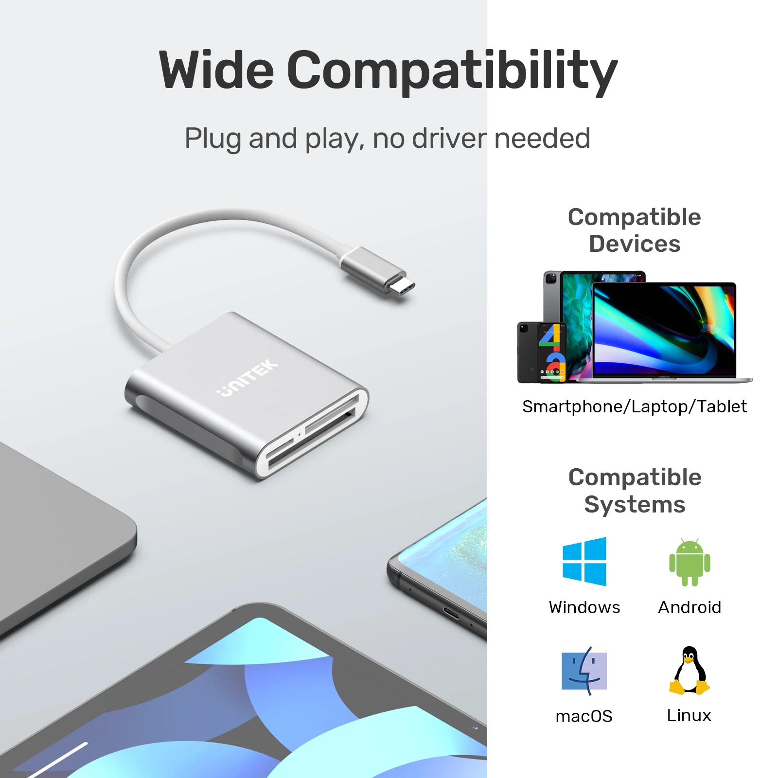 Unitek-Lecteur de carte SD USB 3.0, adaptateur flash compact pour CF/SD/TF Micro