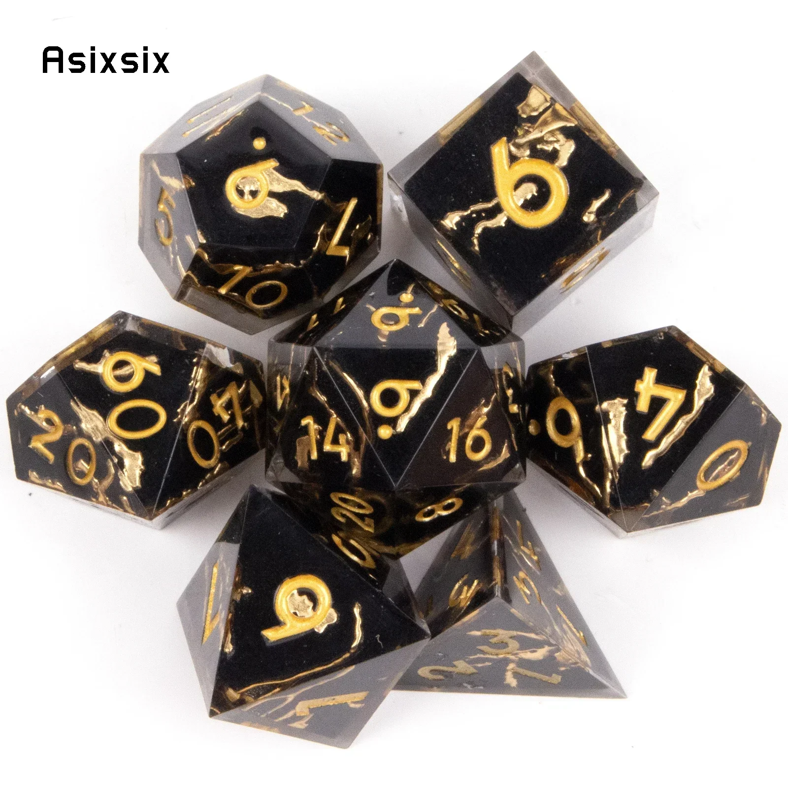 

7 Pcs Black Golden Stripe Resin Golden Number Sharp Edge Dice Polyhedral Dice Suitable For Role-Playing RPGGift