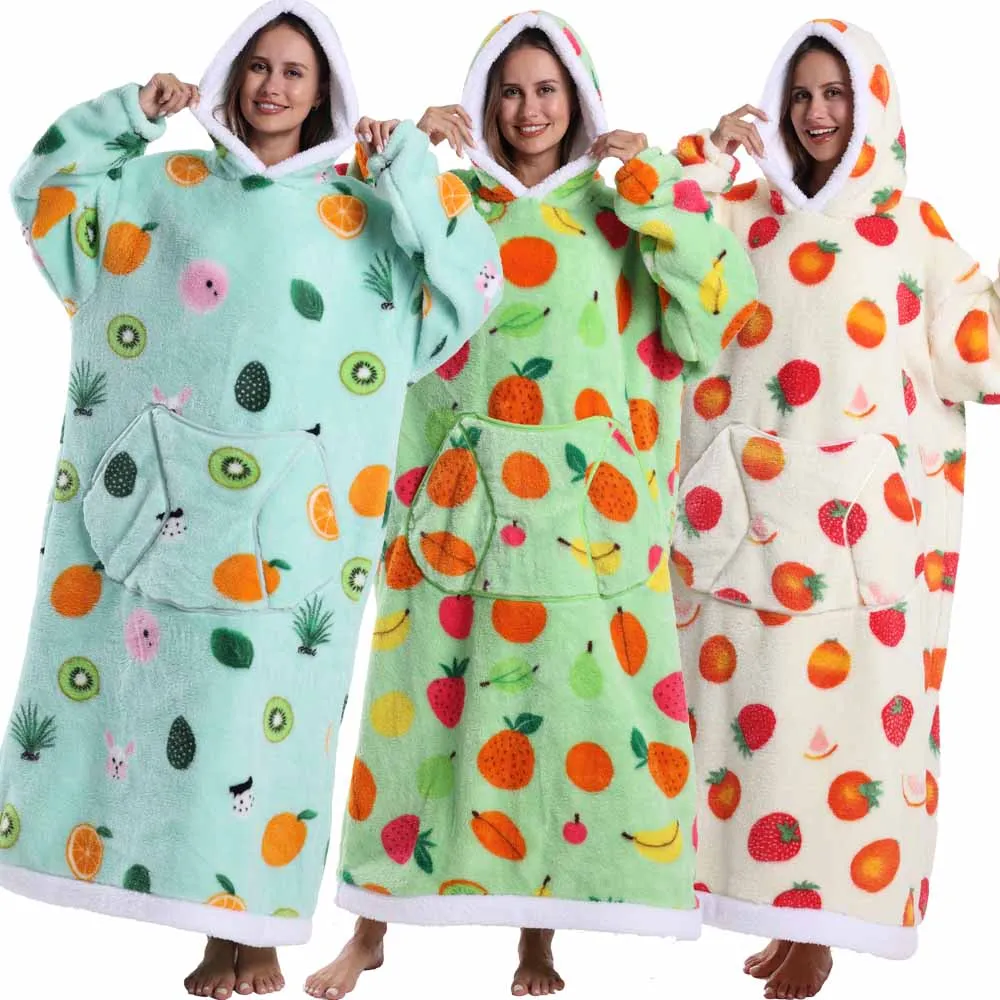

Soft Warm Winter Blankets Thick Luxurious Wearable Hooded Blanket with Sleeves Cute Cartoon Food Print Oversized Hoodie Blanket