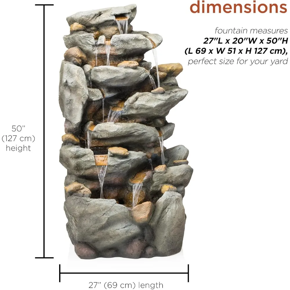 50 inch outdoor fountain with LED lights and natural stone appearance, suitable for lawns, 8-story rock waterfall fountain