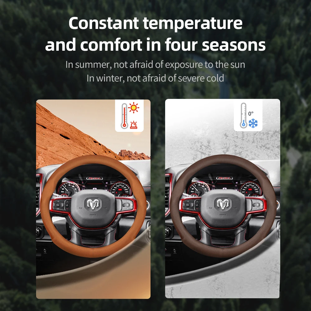 Suitable for Ram Ultra-Thin Breathable Leather Steering Wheel Cover for Models Such as Pickup Promaster Rampage 1500 2500 3500 4000 4500 5500 700 1000, Black, Red, Brown Car Accessories