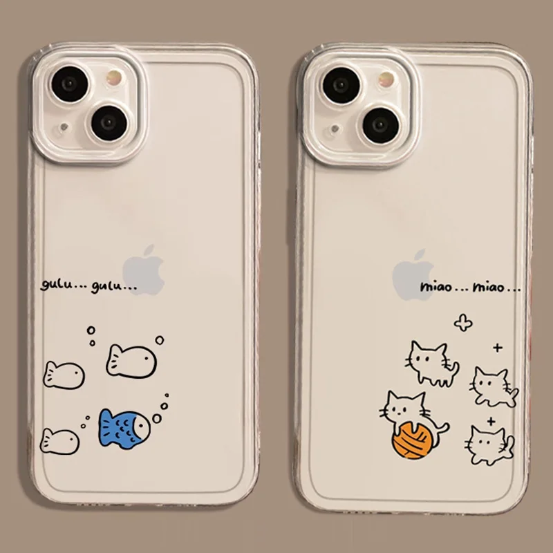 

Cute Fish Cat Transparent Paired Couple Phone Case For iPhone 14 15 13 11 12 Pro XS Max 13Mini XR X SE 7 8 15 Plus Covers Fundas