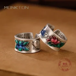 Monkton Vintage Cloisonne Carp Lotus Heart Sutra 925 Silver Rings for Men/Women Personality National Style Simple Couple Ring