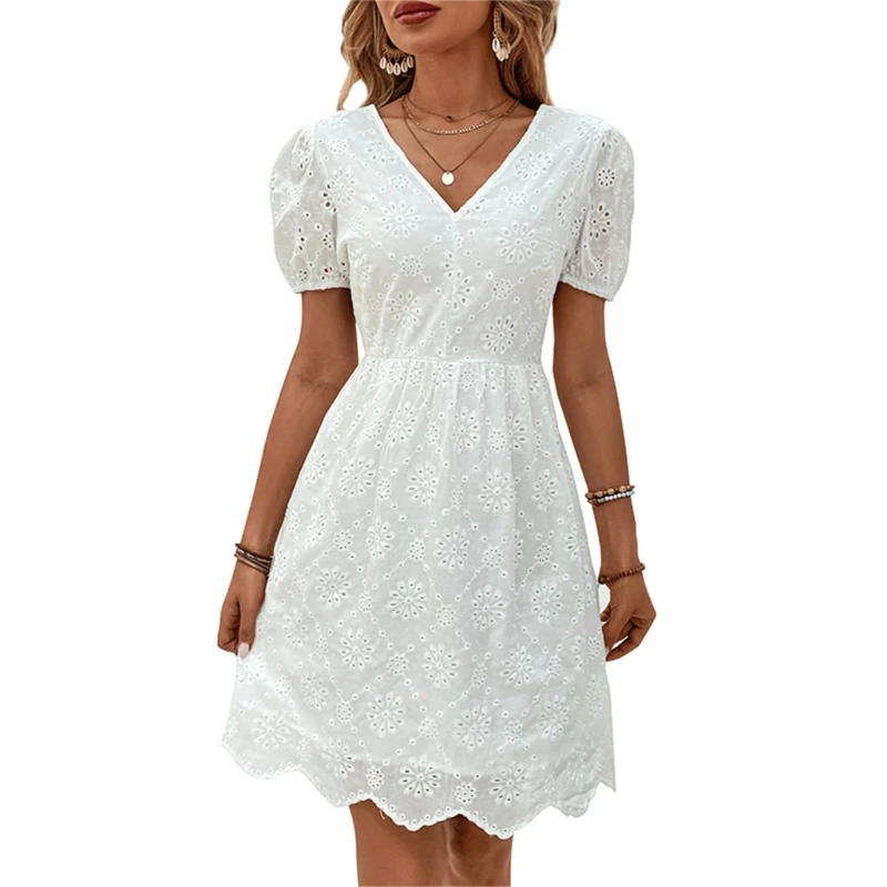 

Women's Casual Short Puff Sleeve V Neck Dresses Highs Waist Mini Short Dress Flowy Swing A Line Dresses Summer Dress