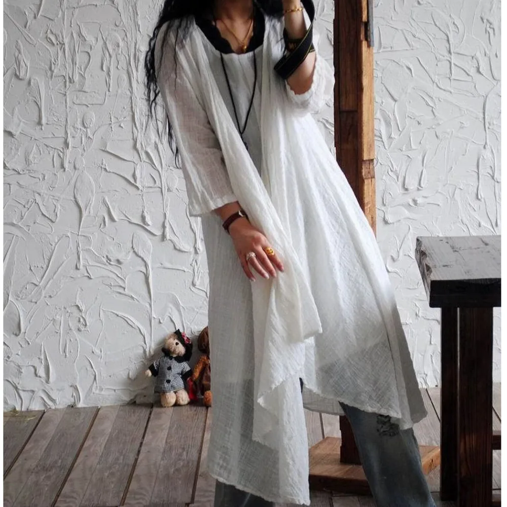 Letní volná bavlna, lněná dlouhá opalovací bunda, kabát, pevný, nepravidelný, ležérní, otevřený steh, ženy, vintage tenký kabát, topy, svrchní oblečení - náhled 3