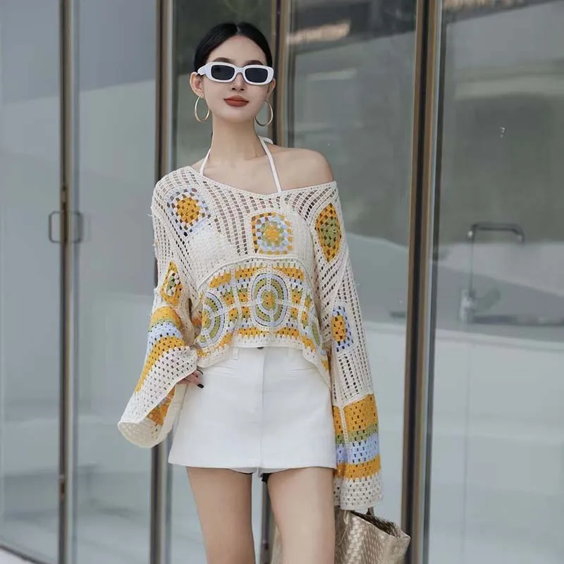 Boring Honey French Style Vacation Hollow Out Crochet Cardigan Summer Loose Lantern Sleeve Sun Protection Top Sweet Girl T-Shirt