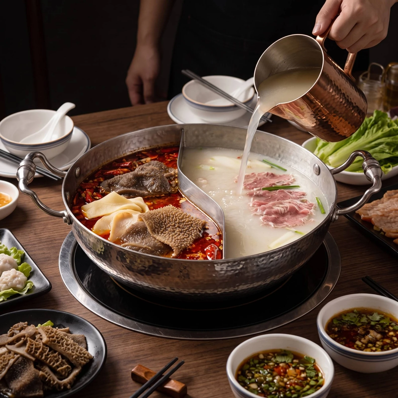 Hot Pot with Divider Stainless Steel Divided Hot Pot Divided Stockpot 3-Ply Cookware Seamless for Families, Family Gatherings
