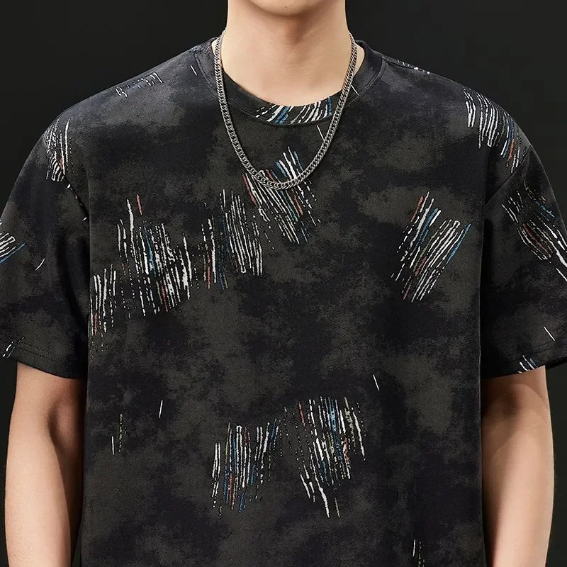 Men's Casual Short Sleeve T Shirt with Abstract Print Pattern Round Neck Breathable Cotton Blend Tee for Summer Daily Wear