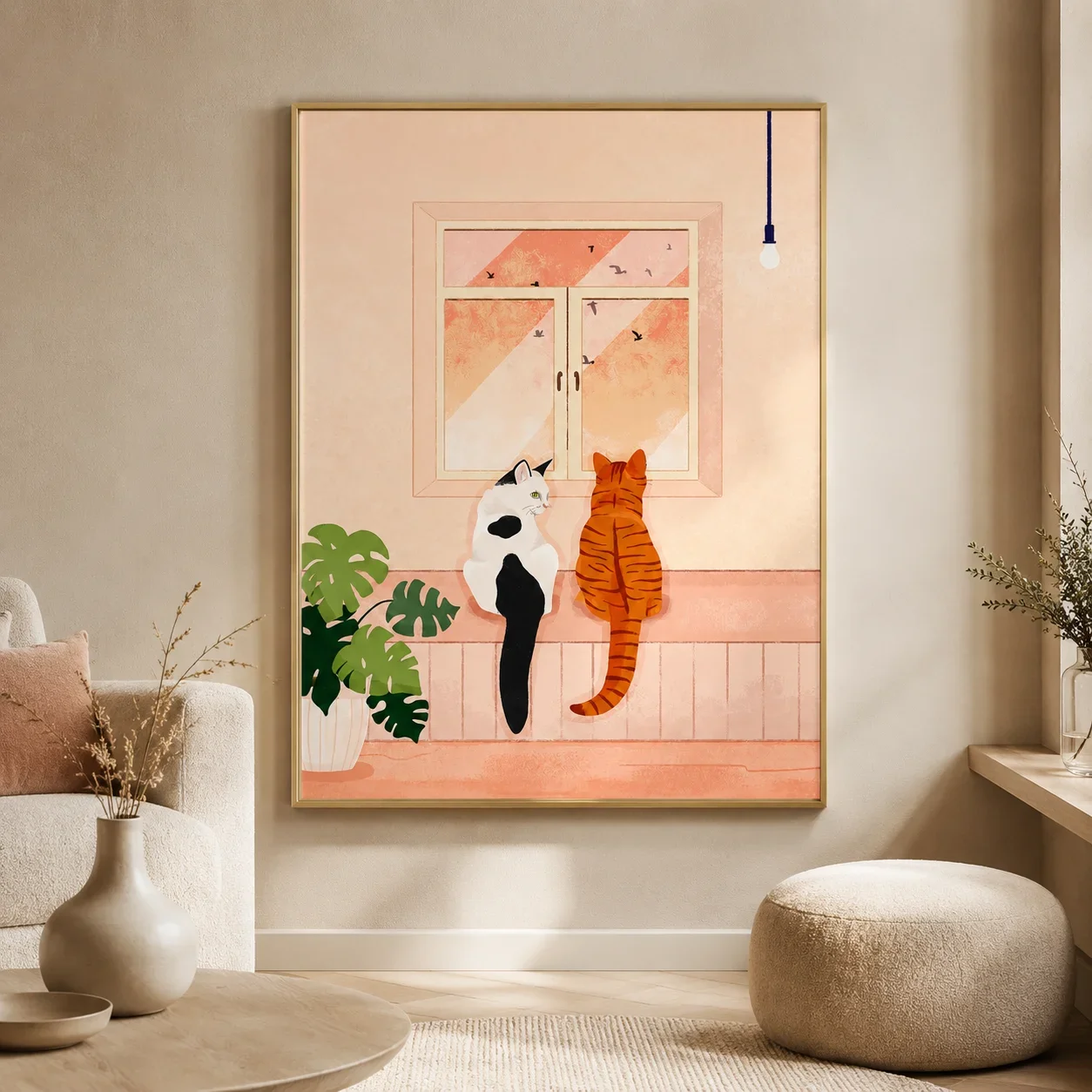 Cute Two Cats Canvas Wall Print Minimalist Pastel Window Monstera Plant Wall Art Warm Tone Pet Lover Bedroom Kids Room Home Deco