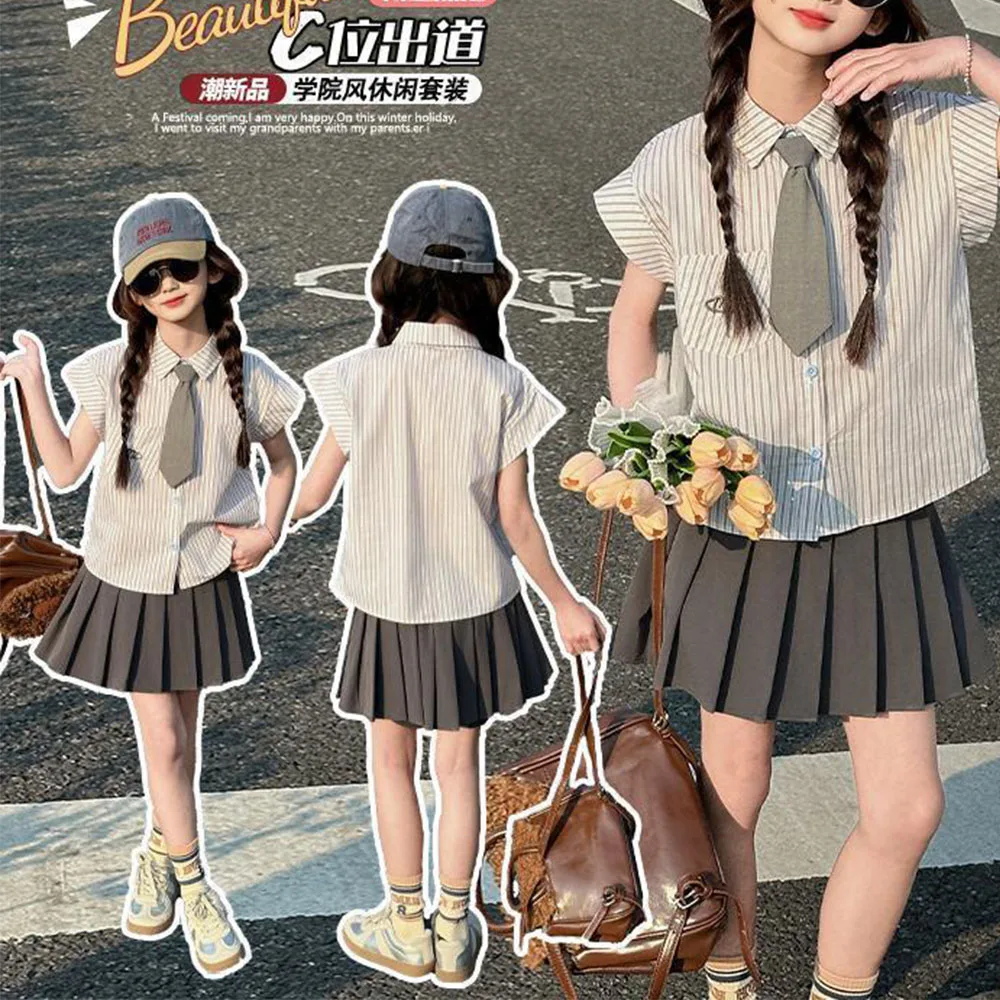 

Girls 2-Piece Preppy Outfit, Striped Sleeveless Shirt with Tie + Pleated Skirt,fashion Cute School Uniform Set for Little Girls