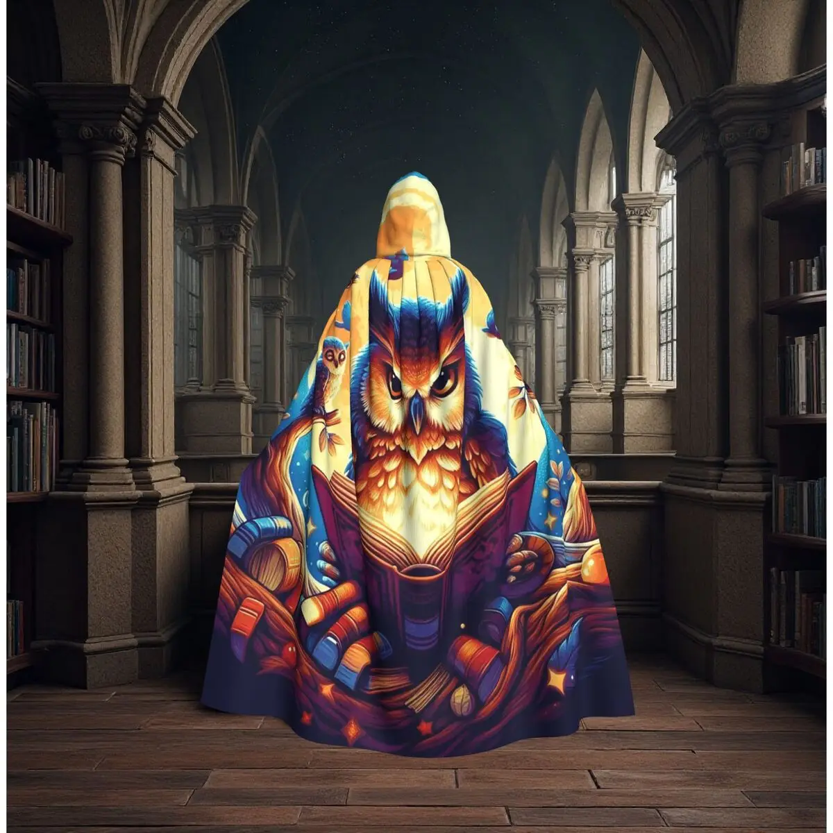 

Owl And Book Design Long Hooded Cloak Witch Medieval Costume Cosplay Cape HalloweenVampire Adult Unisex