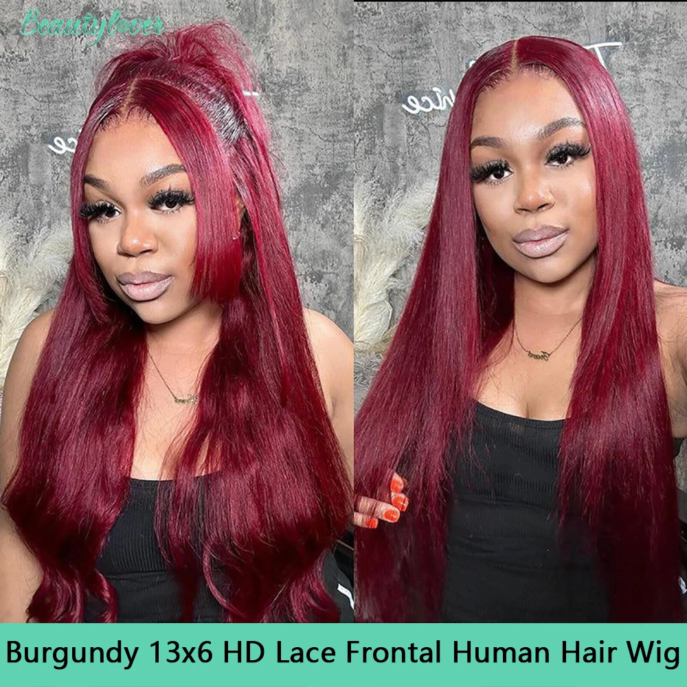 

99J Straight Burgundy 13x6 HD Lace Frontal Human Hair Wig 38 Inch Lace Front Human Hair Wig Brazilian Colored Human Hair Wigs