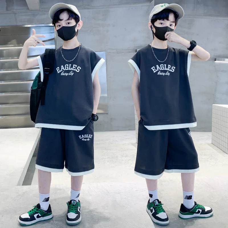 

Summer 2025 New Boys Casual Shorts Sleeve Sleeveless T-shirts+Pants 2pcs Sets 5-14 Years Teenage Sportswear Children Outfits Set