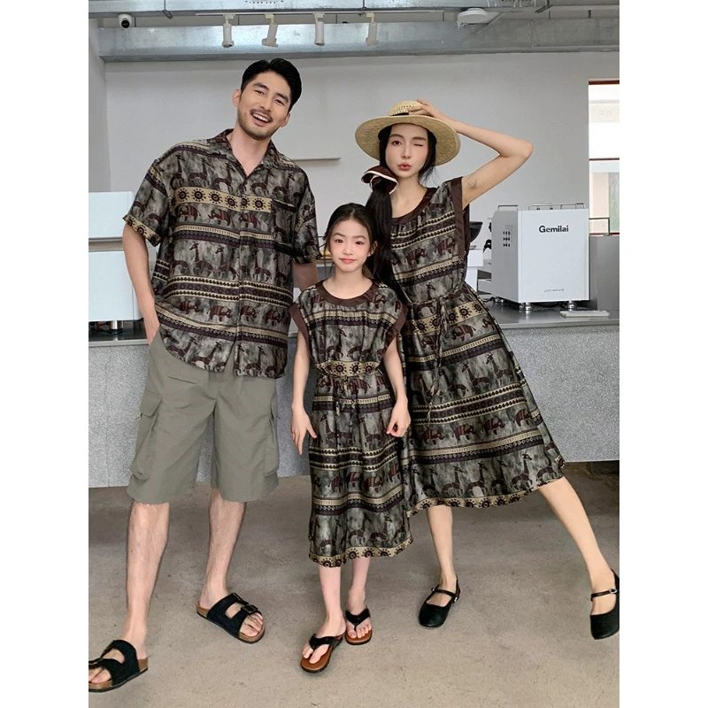 

2026 Summer Thai Style Vintage Shirt Family Matching 3P Mom Daughter Beach Dress Outfits for Dad Son Kids Vacation Photoshoot