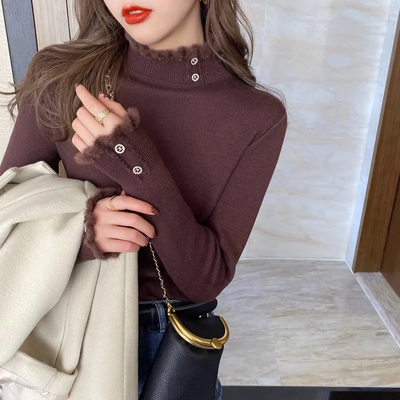 Zimowy ciepły sweter Pullover Women Slim Thicken Plush Velvet Lined Button Jumper Korean Half Turtleneck Poleras Soft Knit Tops