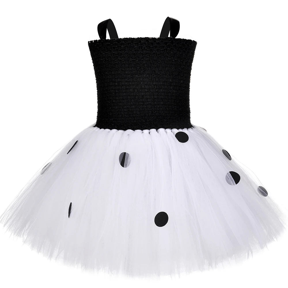 White Black Devil Cruella Costumes Girls Dalmatians Dog Lined Dresses for Kids Halloween Birthday Outfit Princess Ballet Tutus