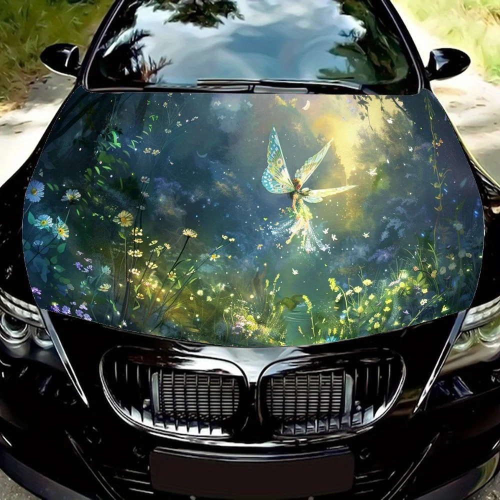 

Magical Forest Flower Fairy Car Hood Vinyl Wraps Sticker, Car Engine Decal, Waterproof Self-adhesive Car Packaging Cover, Univer