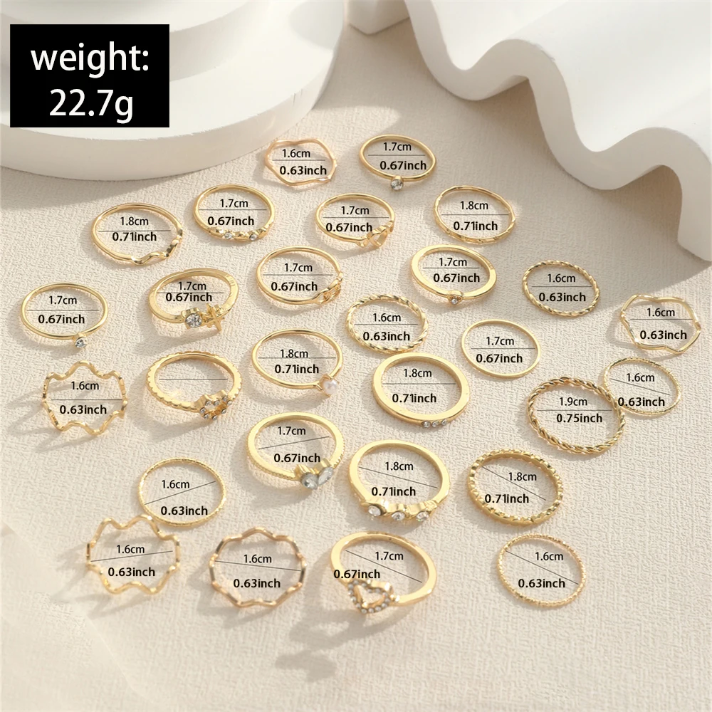 28pcs/Set Fashionable Heart Love Star Rhinestone Simple Wave Metal Circle Hollow Geometric Multi-Element Style Rings For Women image 6