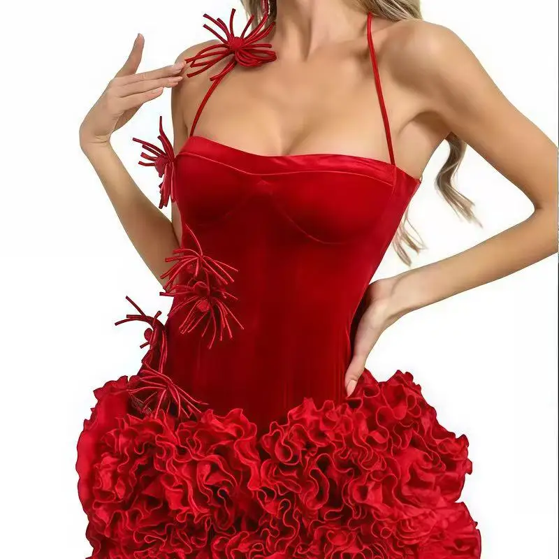

Elegant Black Sexy Floral Embellished Short Skirt Dress Strapless Diamond-Studded Bouffant Wrap Bodycon Formal Dress