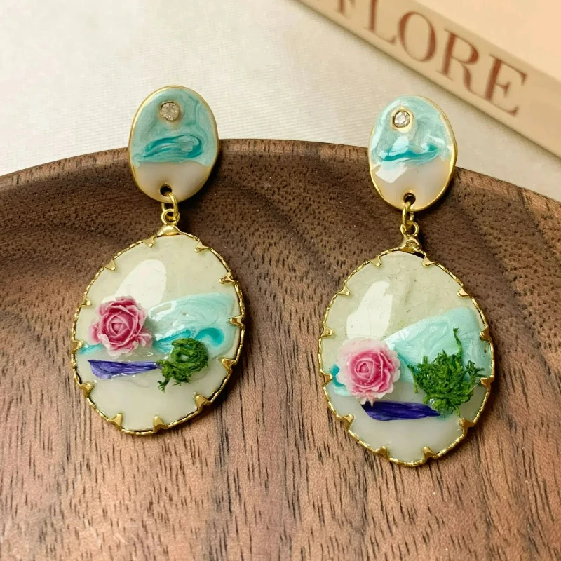 French Retro Oil Painting Style Earrings, New Chinese Style, Seaside Vacation Style, Light Luxury and High-end Versatile Earring