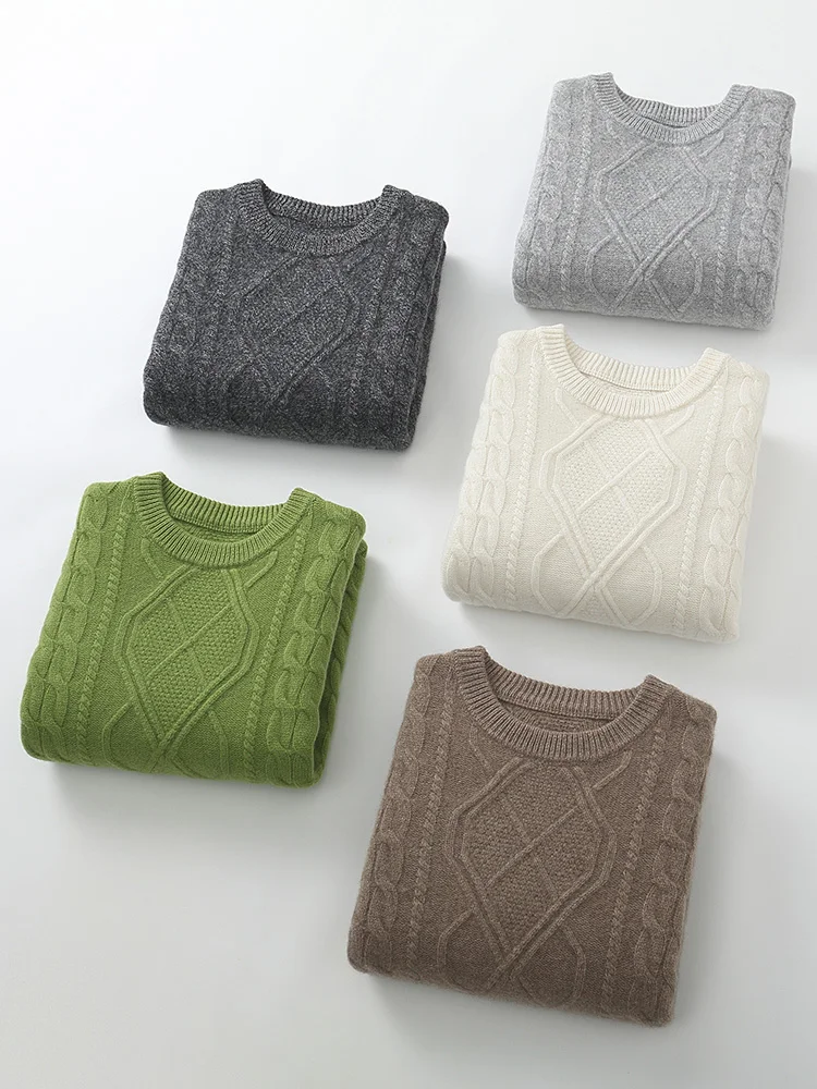 

Men‘s Autumn Winter Casual Loose Thick O-Neck Pullover 100% Merino Wool Knitted Sweater Cable Stitch Soft Warm Clothing Tops