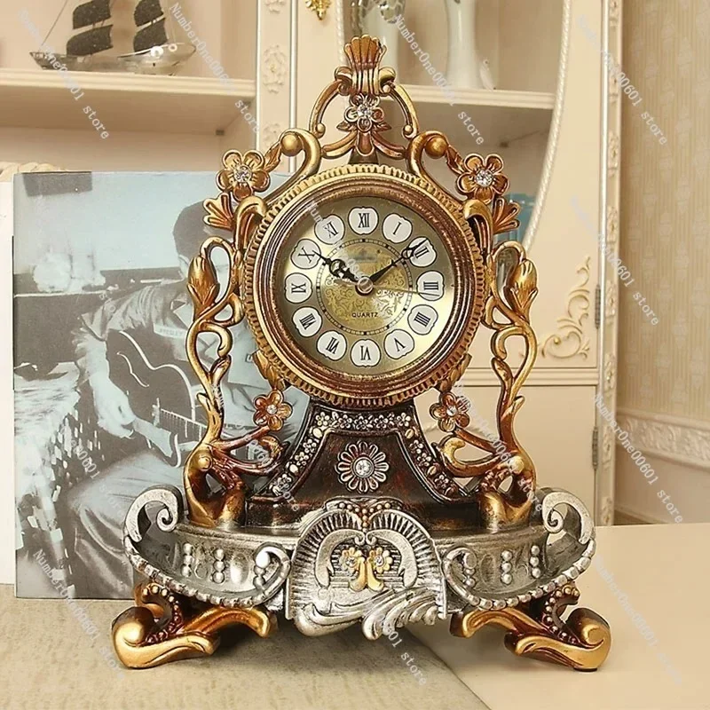 Vintage Table Clock European Style French Decorative Analog Desk Clock Non-Ticking, Battery Operated for Living Room Shelf