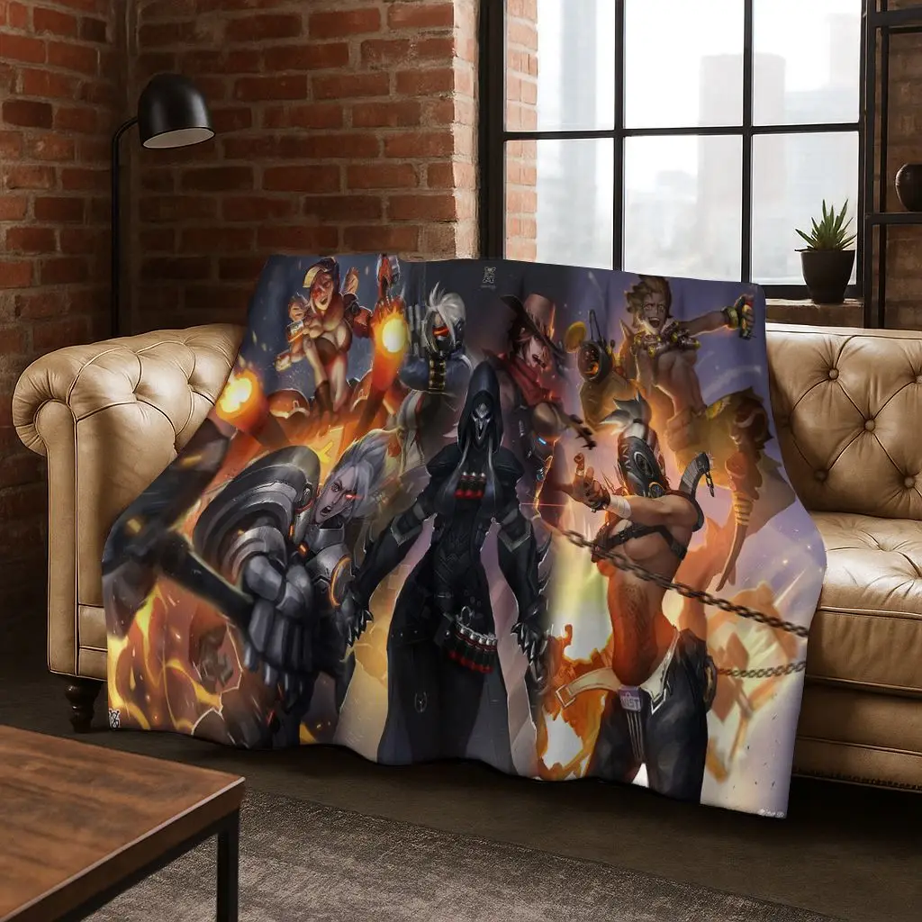 Game OW Overwatch D.VA Mei Reaper Cartoon 3D Flannel Blanket,Cozy Soft Throw Blanket for Home Bedroom Bed Sofa Picnic Cover Gift