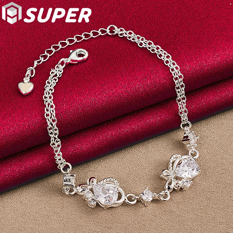 

925 Sterling Silver White AAA Zircon Heart Bracelet Chain For Woman Charm Wedding Engagement Party Fashion Jewelry