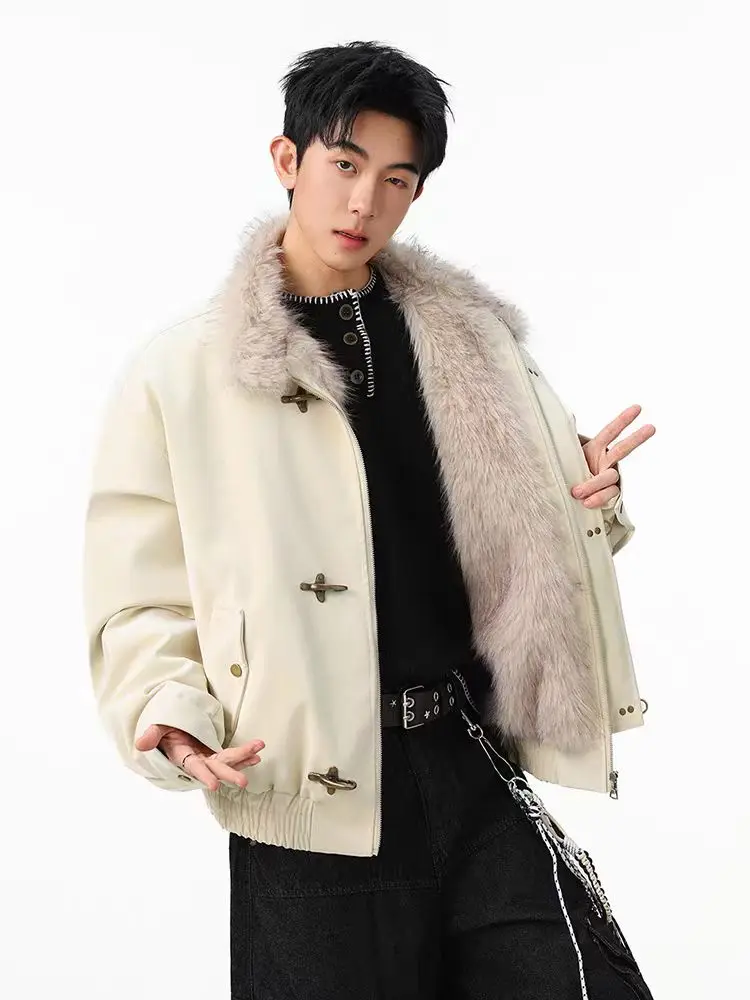 Men's Windproof Short Bomber Jacket Winter PU Leather Stand Collar Zip Up Thickened Fleece Lined Coat Black Beige Oversized