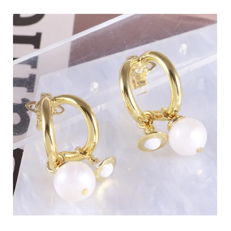 

Jewelry Hollow Double Ring Three-dimensional Planet Pendant Special-shaped Freshwater Pearl Half Open Earrings Women