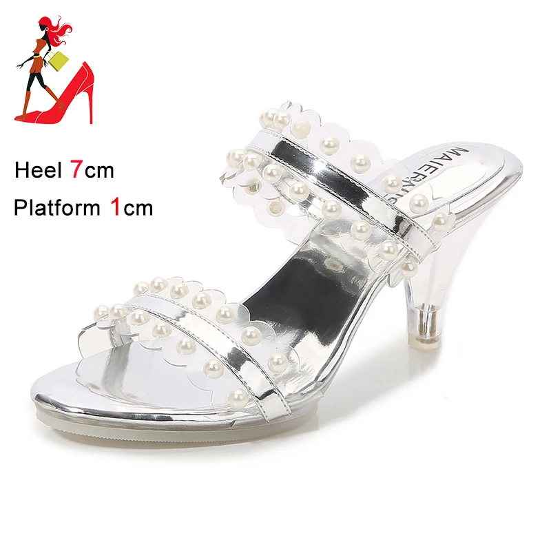 

2025 New Summer Pearl Shoes For Women 7CM Outdoors High Heels Fashion Female Thin Heeled Sandals Transparent PVC Lady Slippers