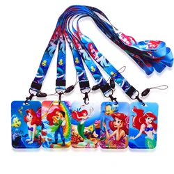 Disney-portatarjetas de identificación de la princesa Ariel, cordones de sirena para mujer, correa para el cuello, funda para tarjeta de crédito, soporte para insignia para niñas, Clip retráctil