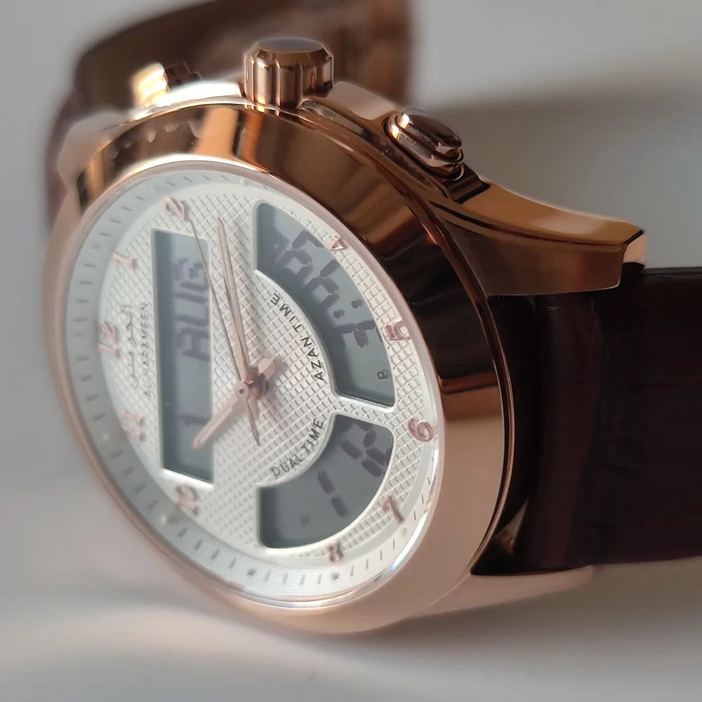 Muslim Azan Watch Islamic Qibla Clock with Prayer Alram Hijri Calendar Compass and Genuine Leather Strap Al Harameen Fajr Time