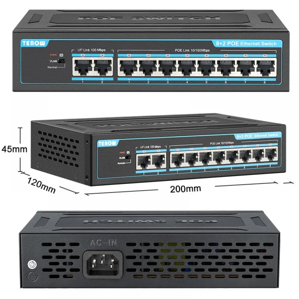 10-Ports POE Switch 100M AI Smart Ethernet Switch POE with 2 Uplink RJ45 Port Internet Splitter Switch for IP Camera/Wireless AP