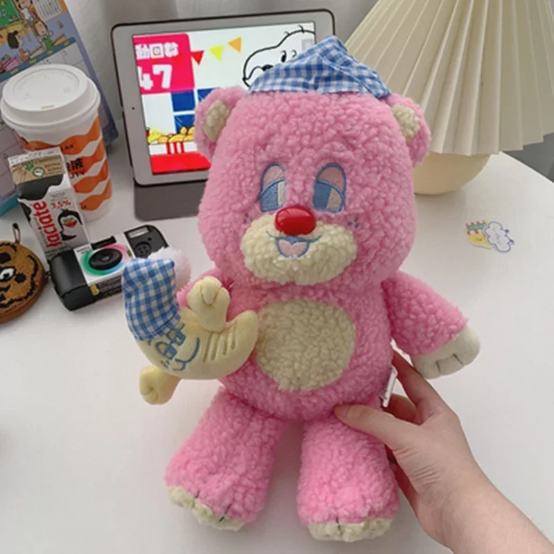 韓国で人気のピンクのクマのぬいぐるみ、アニメの緑の寝間着の帽子をかぶった月の眠っている人形、女の子向けの高品質な紫色のテディベア