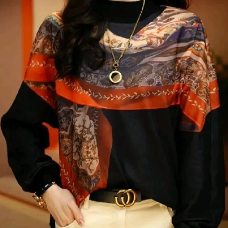 

Spring Autumn Winter New Semi High Neck Loose Slim Bottom Tops High End Australian Fleece Long Sleeved Printed Top for Women's