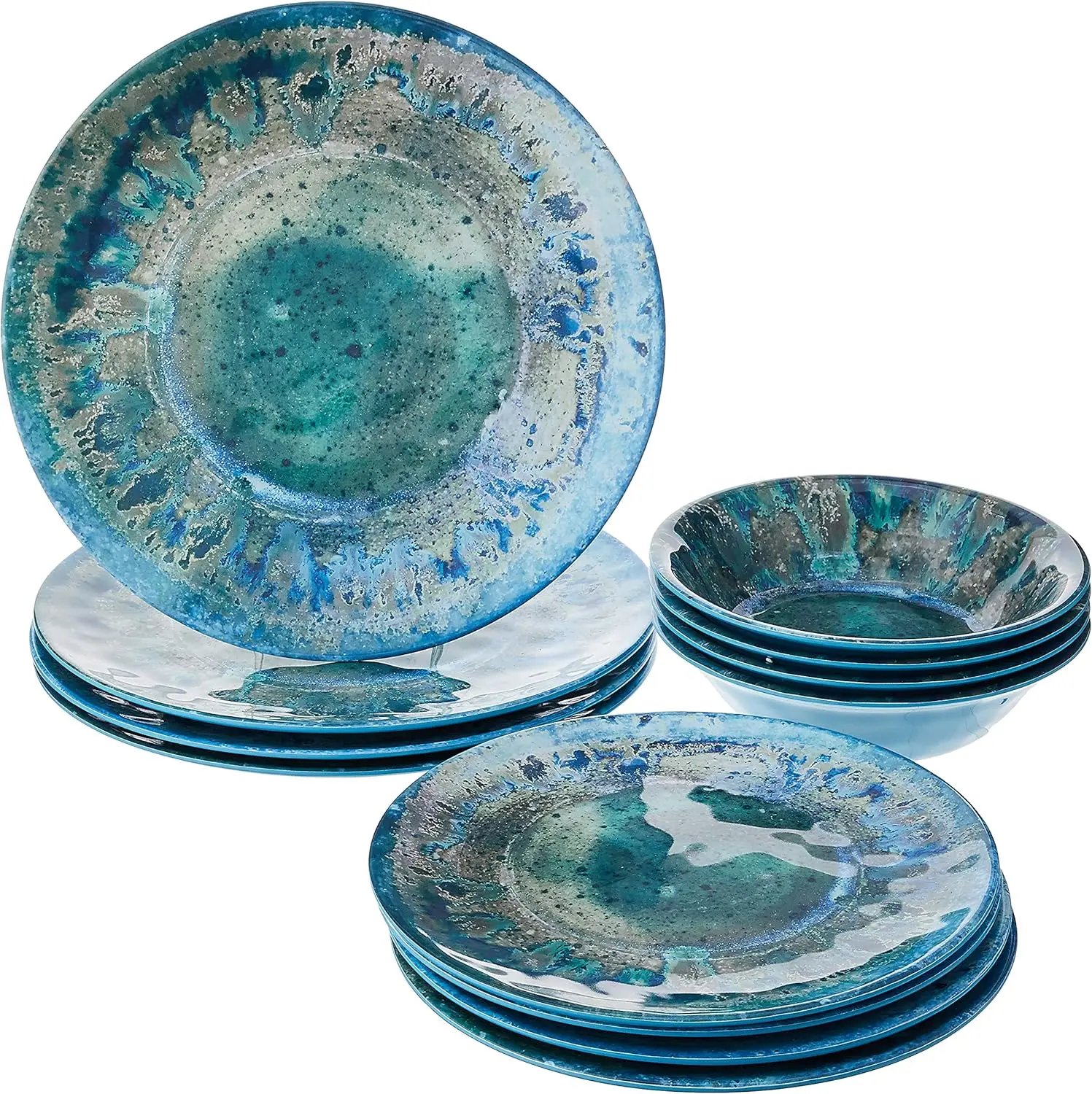 

Radiance Teal Melamine 12 pc Dinnerware Set, Blue,Top Rack Dishwasher Safe