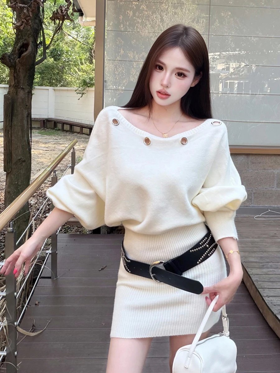 Elegant Knitted Sweater Dress Women's Fashionable Slim Fit Wrap around Skirt Daily Wear Shoulder Bared High Waist Design