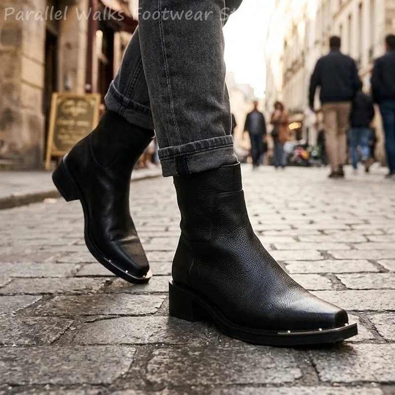Men Metal Toe Leather Cowboy Boots Pointed Toe Cuban Heel Ankle Booties Vintage Motorcycle Punk Dress Shoes Men's Footwear US