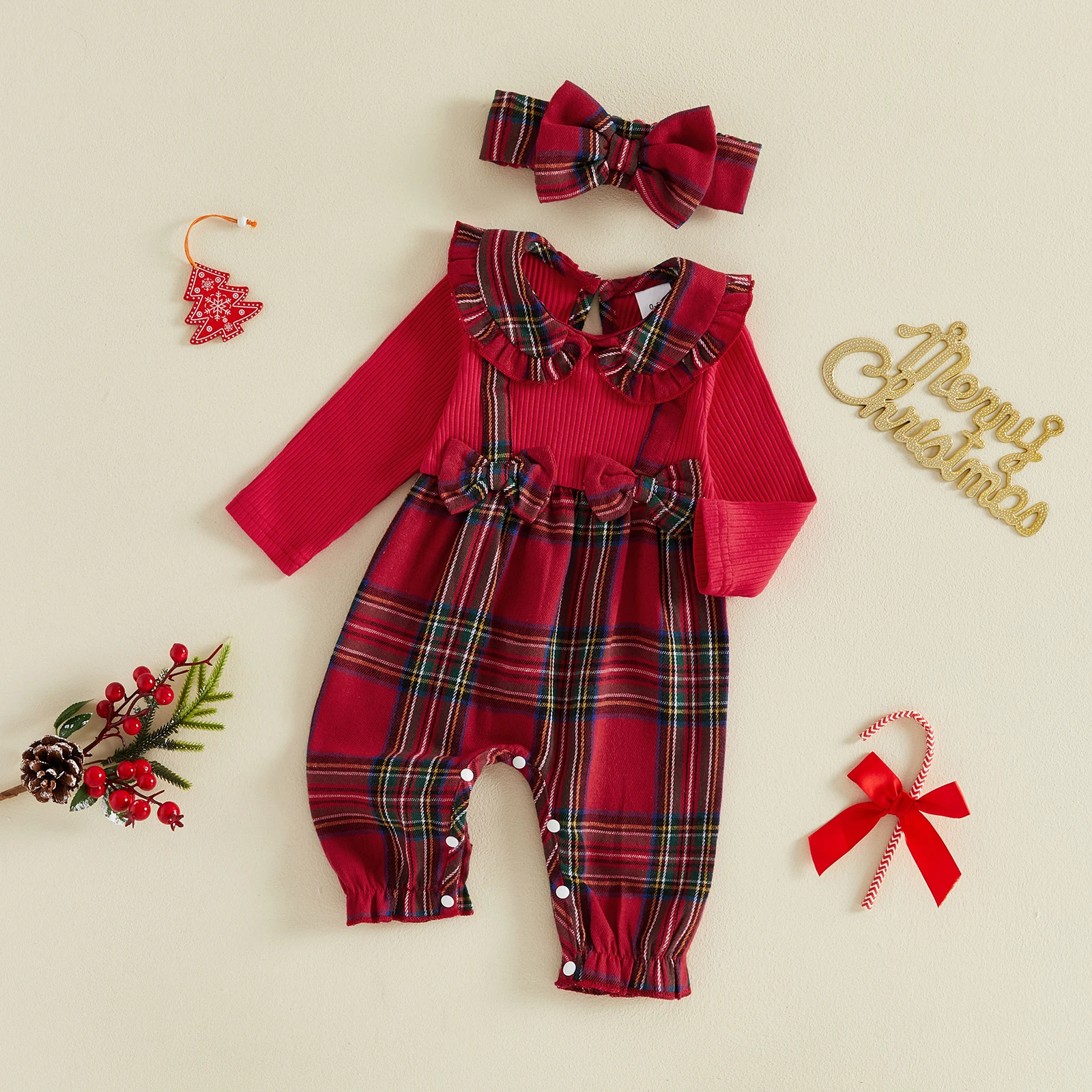 Baby Girl Christmas Bodysuit Long Sleeve Plaid Patchwork Romper Headband Xmas Costume