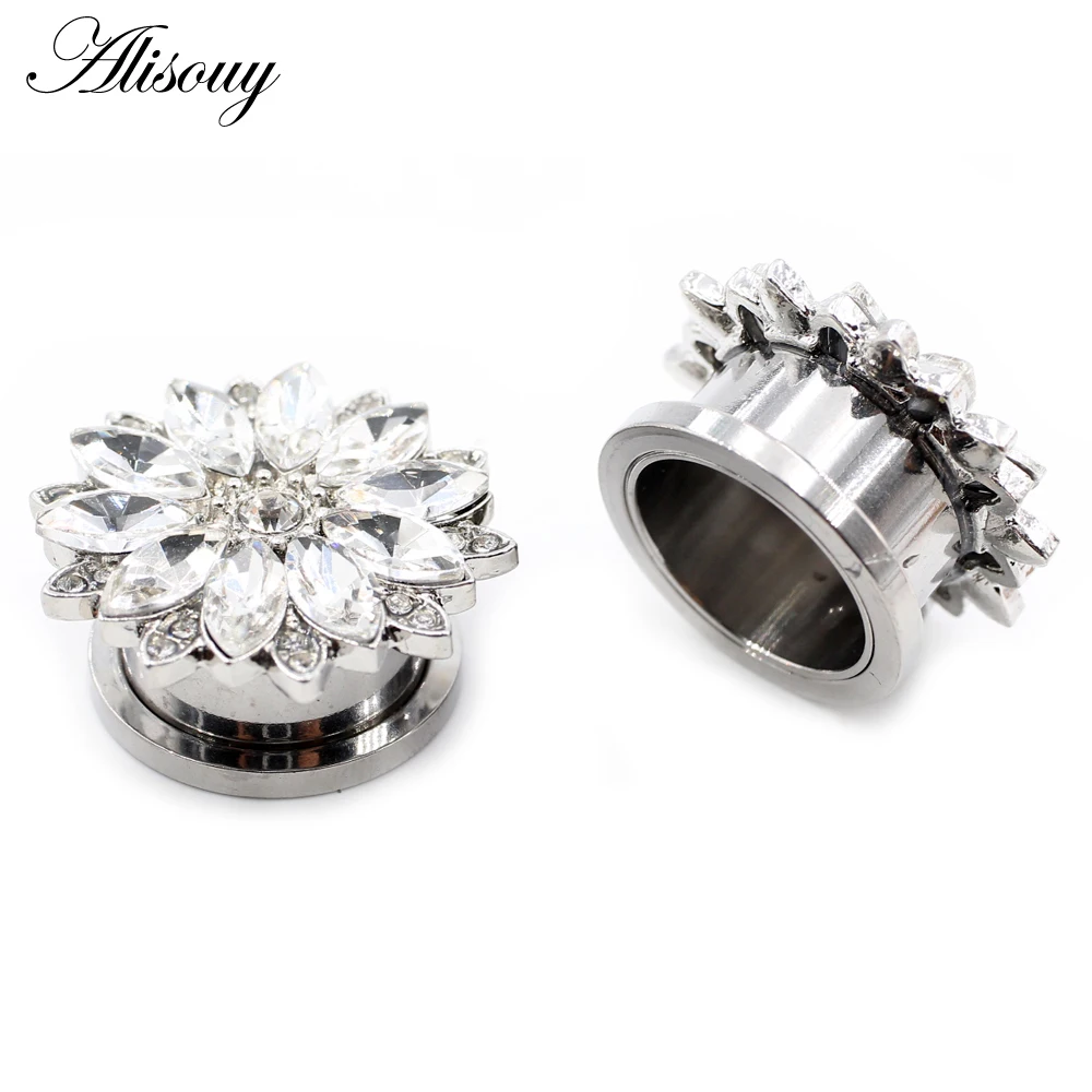 Alisouy 2 Stück Edelstahl Blume Zirkonia Mond Stern Uhr Herz Schraube Ohr Tunnel Plugs Expander Messgeräte Körper Piercing Schmuck – Detail 21