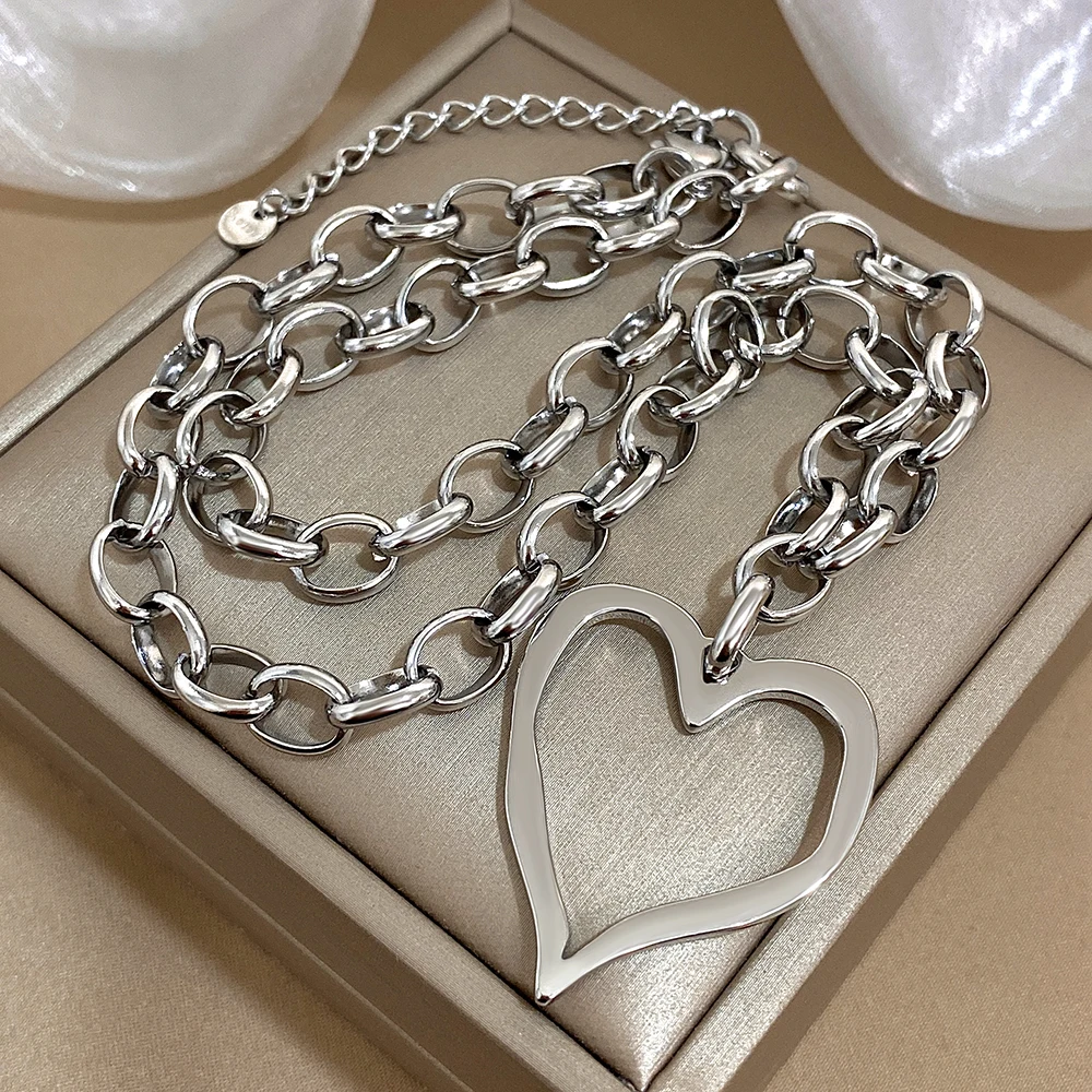 316L Edelstahl Gold Silber Farbe Halskette für Frauen Glänzend Punk Große Hohle Herz Anhänger Halsketten Valentinstag Geschenke – Detail 7